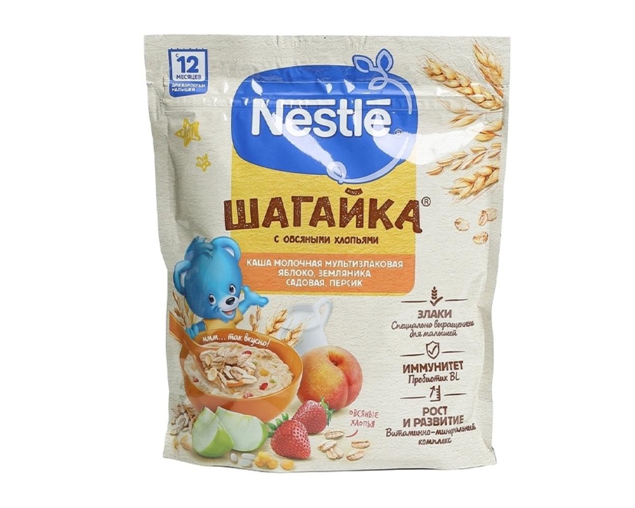Каша молочная Nestle Шагайка с овсяными хлопьями, яблоко-земляника-персик
