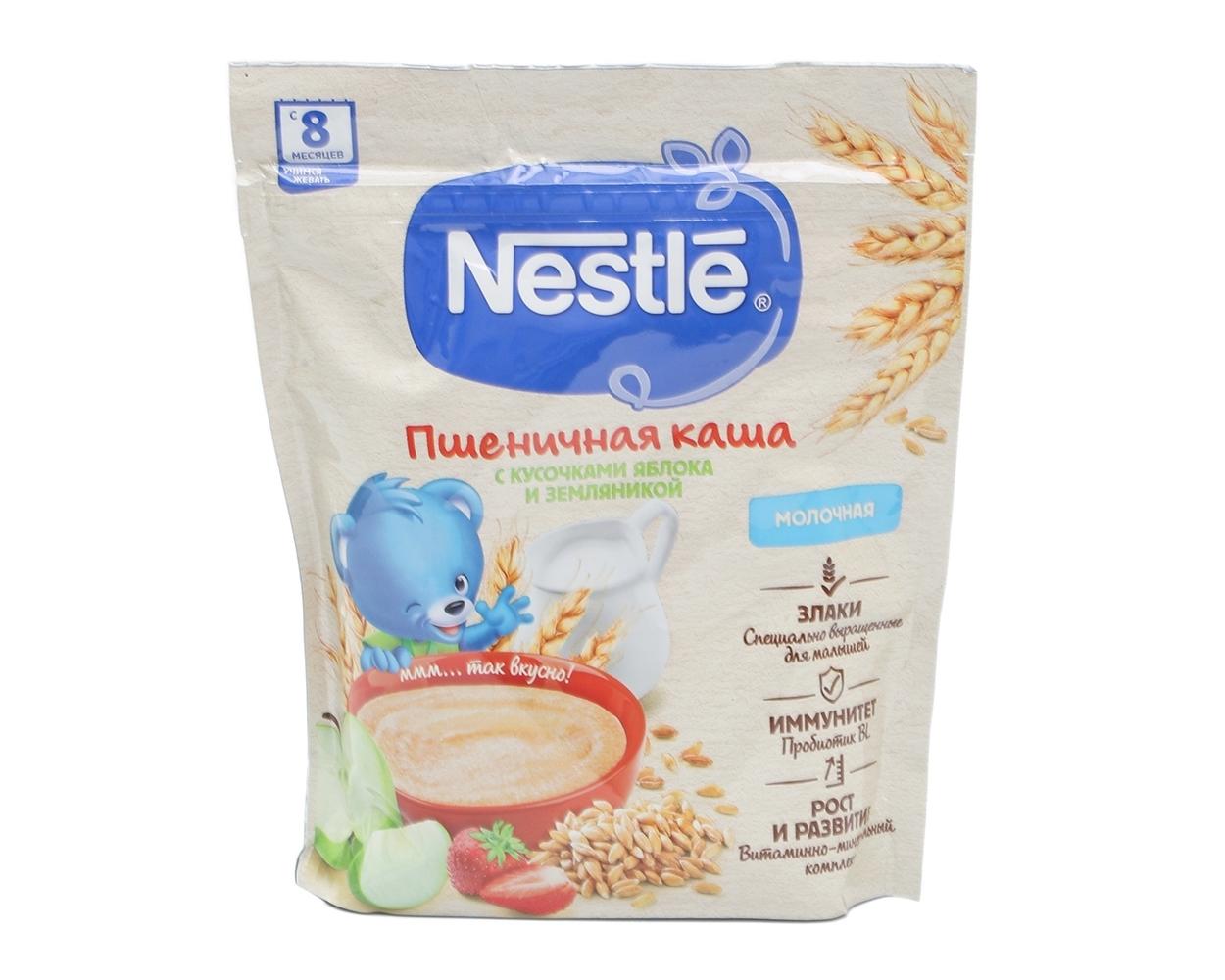 Каша молочная Nestle пшеничная, с кусочками яблока и земляникой