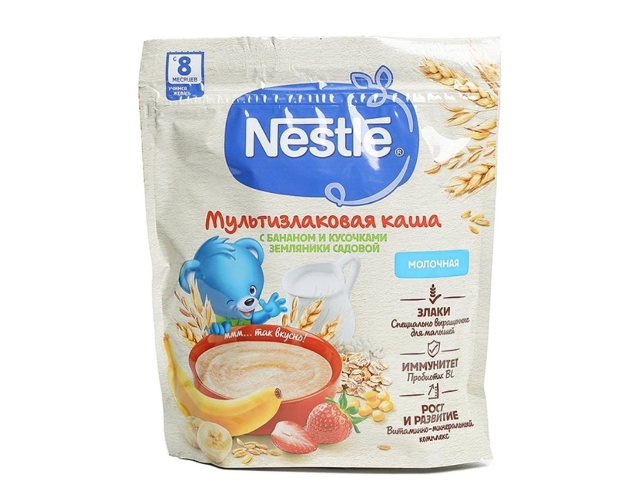 Каша молочная Nestle мультизлаковая, с бананом и кусочками земляники